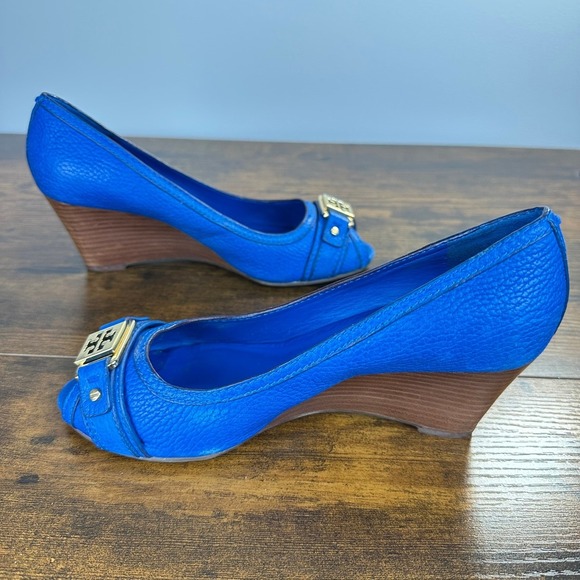 Tory Burch Natalya pebbled leather wedge open toe shoes Blue Size 6.5 - Picture 8 of 11